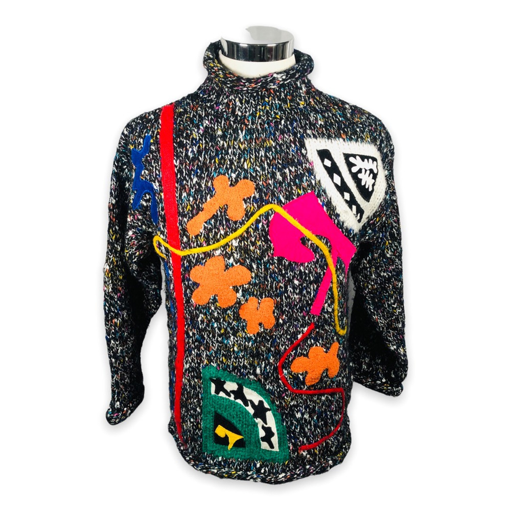Vernissage Fine Art Womens Sweater Vintage Colorful Loud Print Turtleneck S Rare